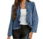 Women's Cropped Ruffle Trim Denim Jacket with Modern Slim Fit Silhouette