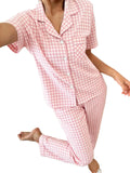 Relaxed-Fit Grid and Cherry Print Two-Piece Pajama Set with Contrast Piping