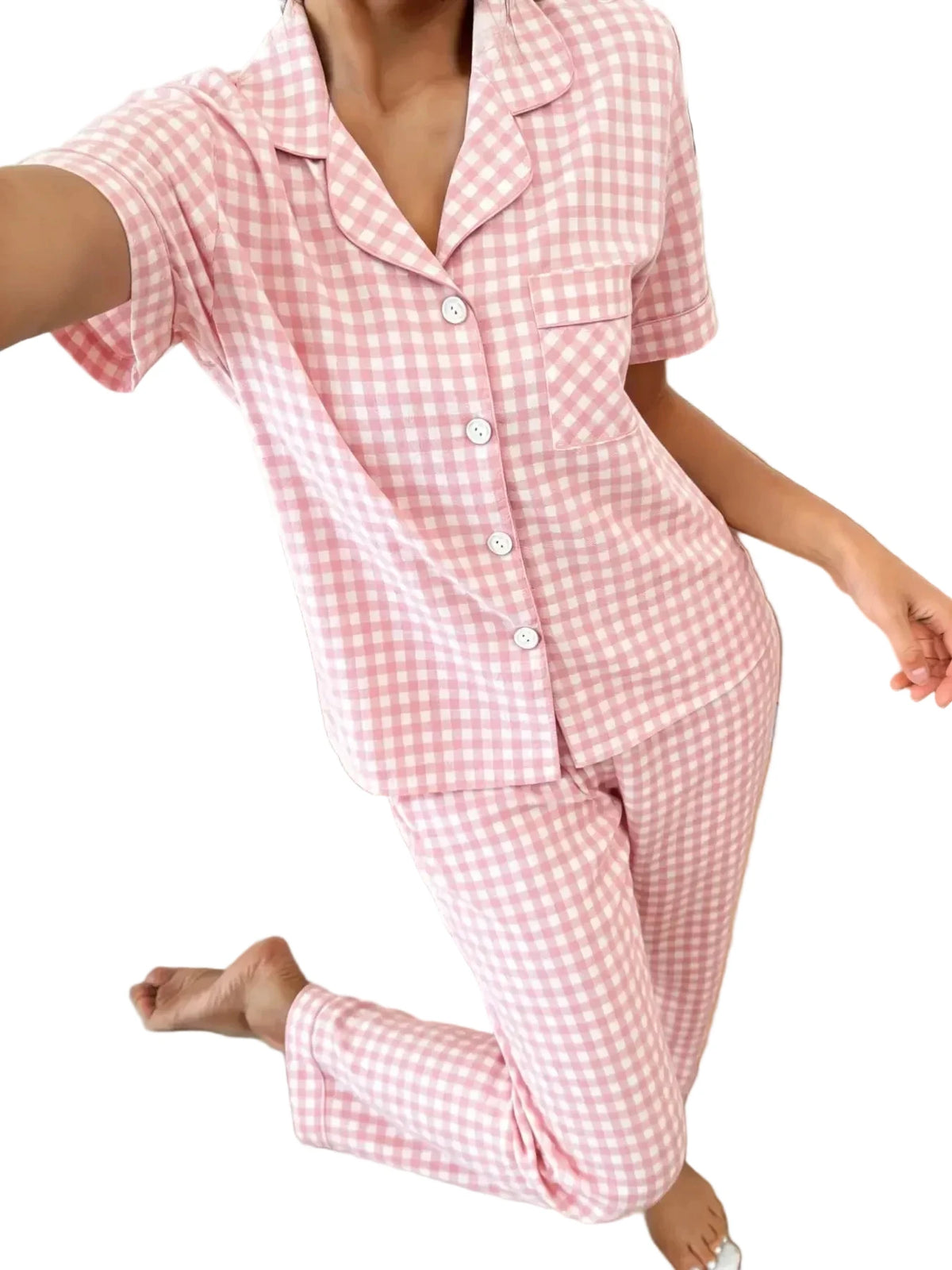 Relaxed-Fit Grid and Cherry Print Two-Piece Pajama Set with Contrast Piping
