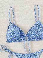 Blue and White Porcelain Print Triangle String Bikini