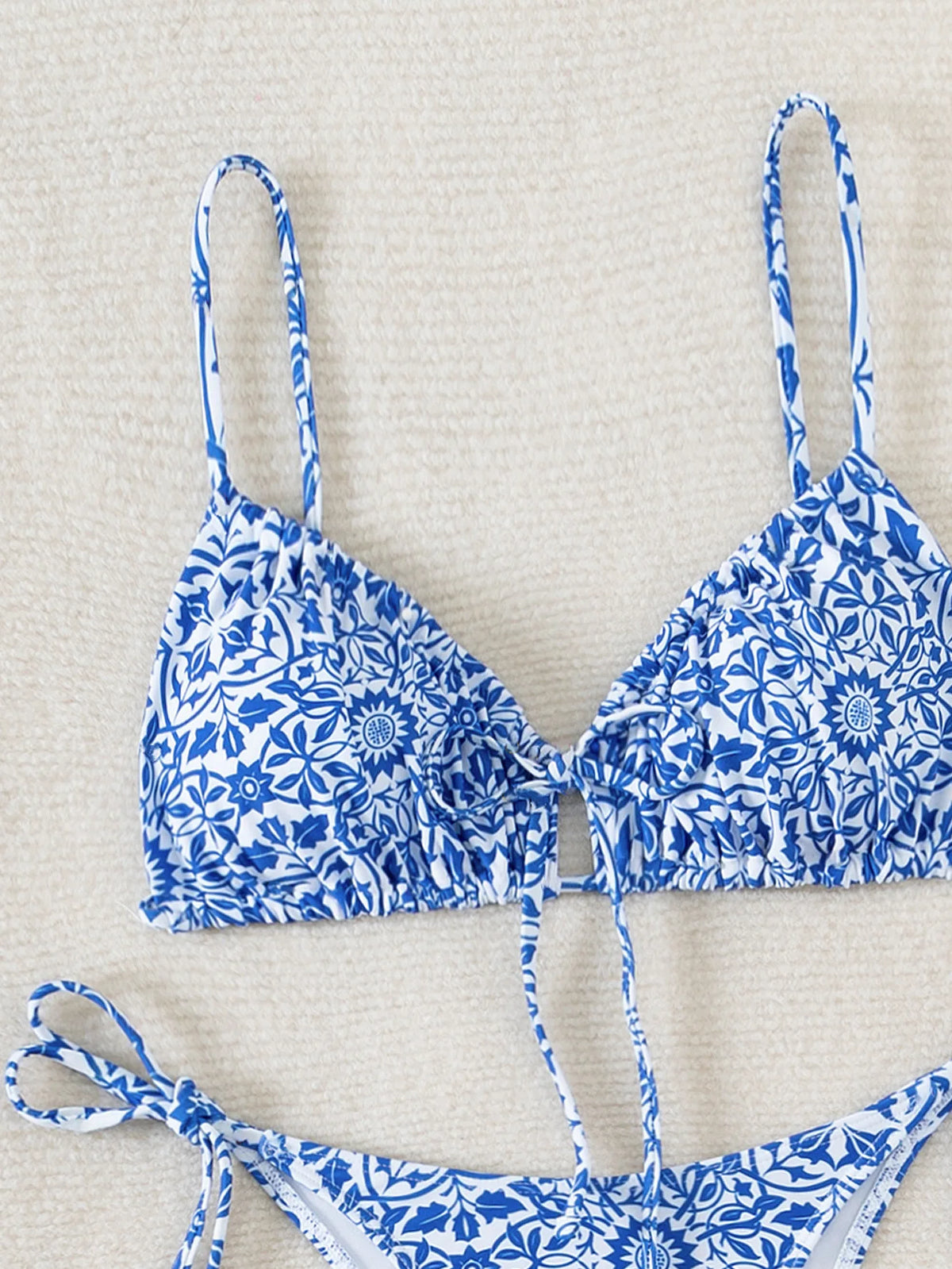 Blue and White Porcelain Print Triangle String Bikini