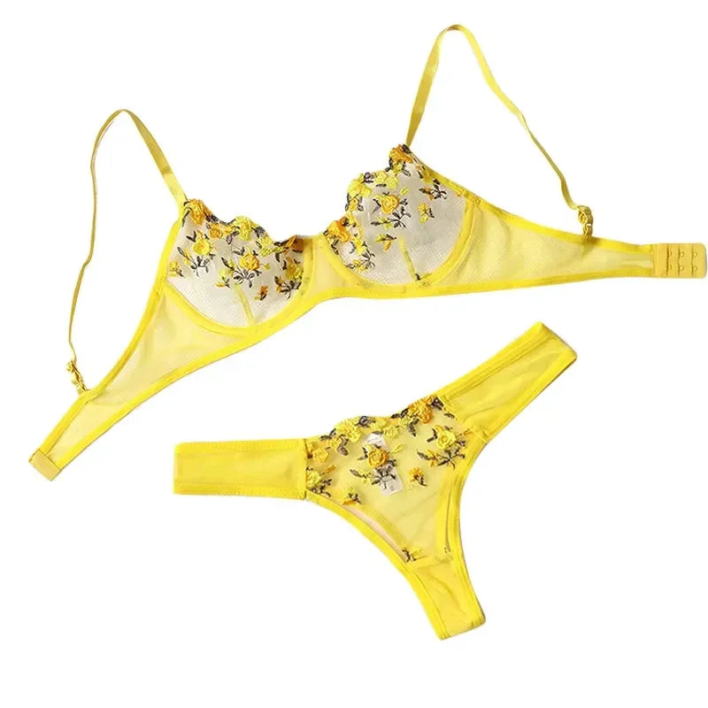 Vibrant Yellow Botanical Embroidered Sheer Mesh Underwire Bra and Thong Set