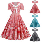 Vintage-Inspired Red Gingham Swing Dress with Contrasting Collar