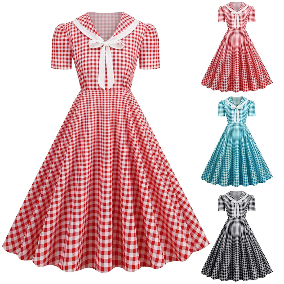 Vintage-Inspired Red Gingham Swing Dress with Contrasting Collar