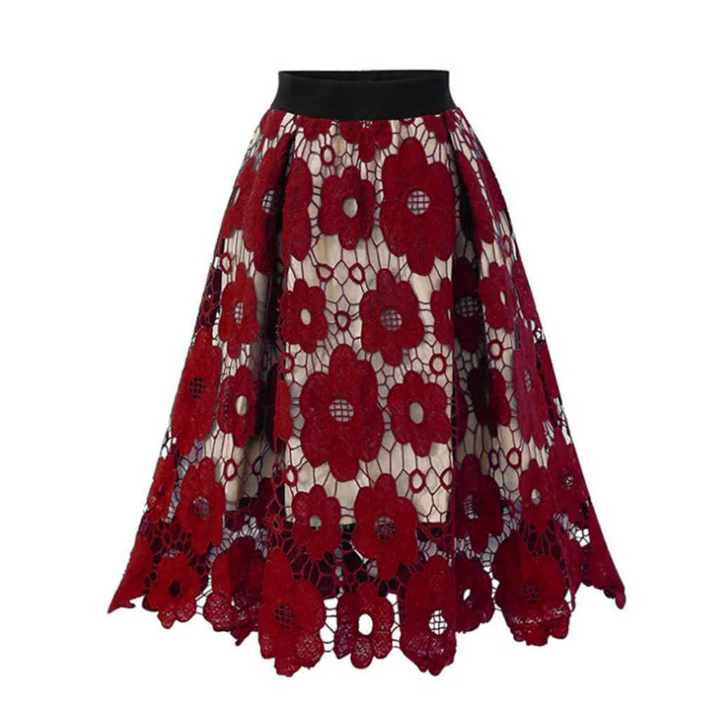 Elegant High Waist Floral Lace Irregular Hem A-Line Midi Skirt