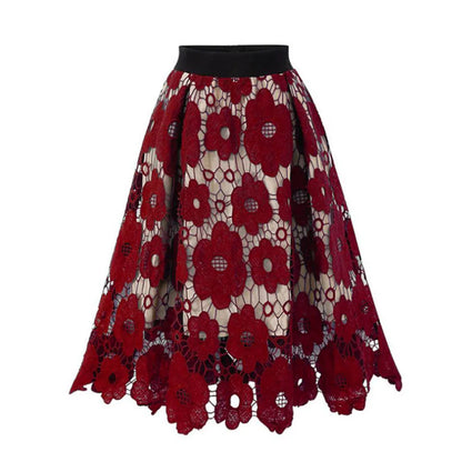 Elegant High Waist Floral Lace Irregular Hem A-Line Midi Skirt