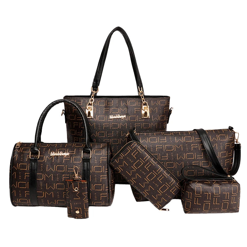 Six Piece Handbag Set with Tote Crossbody Wallet and Matching Accessories