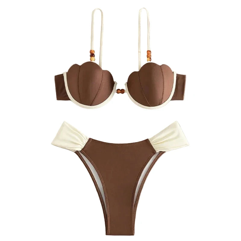 Structured Brown Seashell Underwire Bikini with Contrast White Detailing