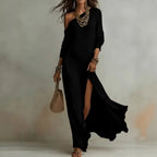 Long Sleeve Pleated Split Maxi Dress with Flowing Contemporary Elegance