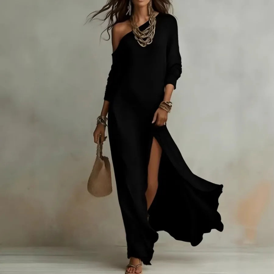 Long Sleeve Pleated Split Maxi Dress with Flowing Contemporary Elegance