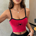 Square Neck Ribbed Crop Top with Graphic Embroidery Streetwear Slim Fit