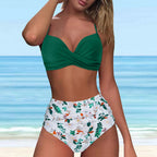 Hot Pink High-Waisted Two-Piece Bikini Set with Underwire Top, Ruched Details and Long-Line Bottom for Women