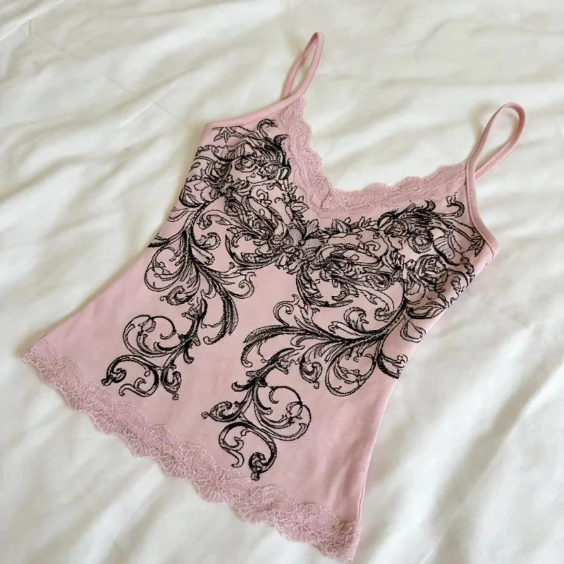 Floral Graphic Lace Camisole Tank Top with Slim Fit Streetwear Inspired Design