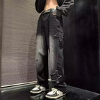 Men's Relaxed Wide Leg Denim Jeans with Star Patch Detail and Streetwear Style