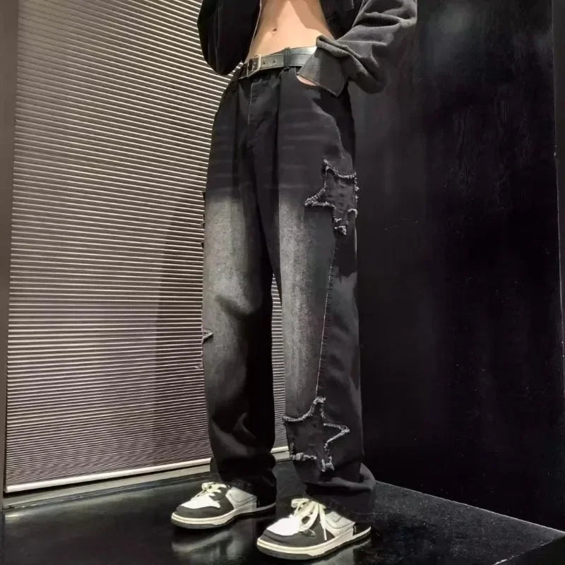 Men's Relaxed Wide Leg Denim Jeans with Star Patch Detail and Streetwear Style