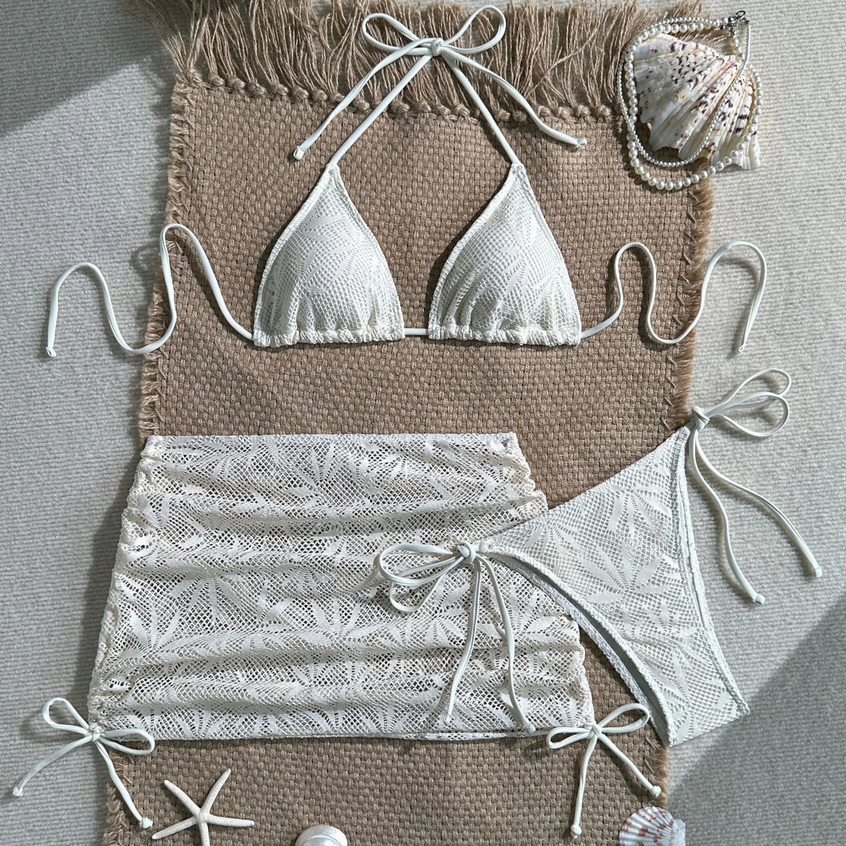 Textured Brown Three-Piece Triangle Bikini Set with Matching Ruched Skirt