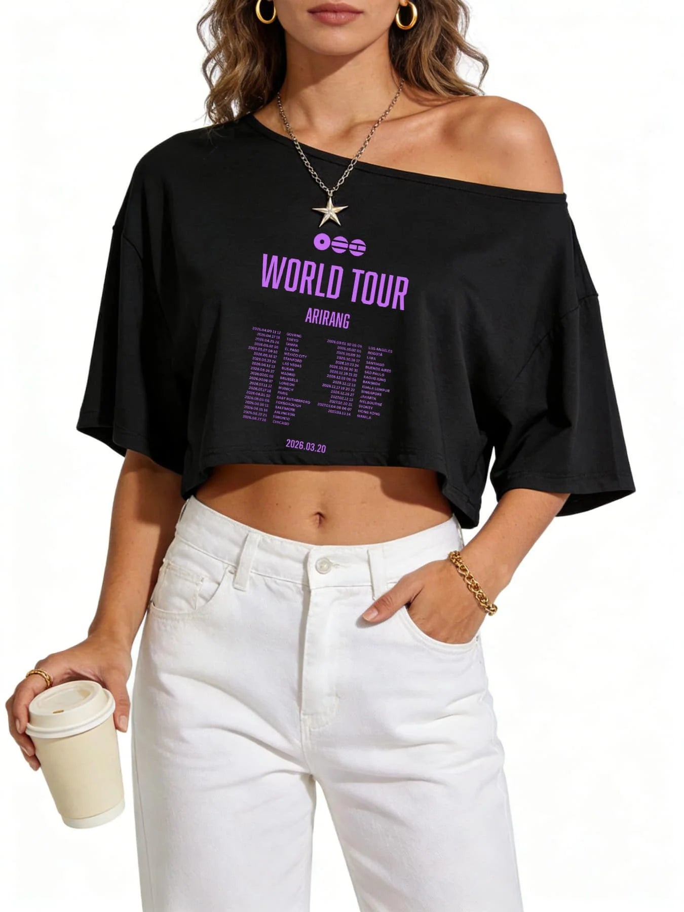 Off Shoulder Graphic Crop Tee with Batwing Sleeves and Relaxed Fit