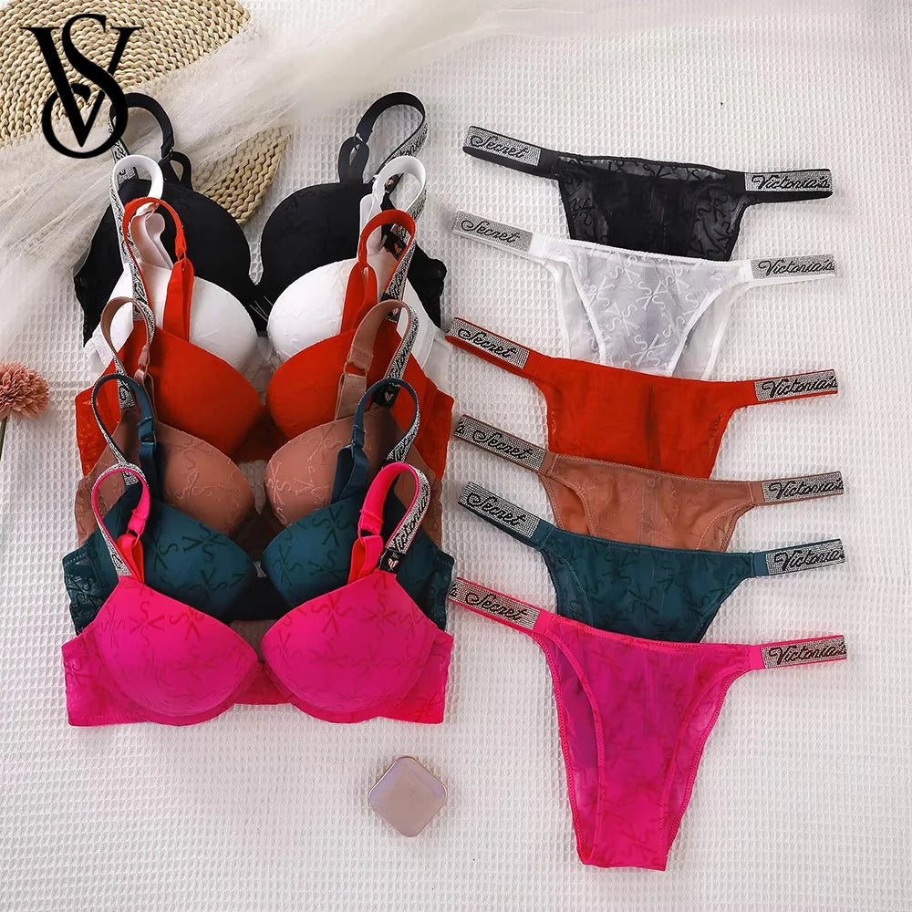 Embossed Lace Push-Up Bra and Statement Rhinestone Strap Thong Set