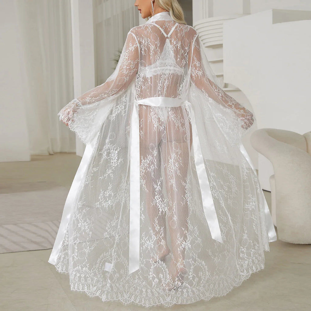 Dramatic Floor-Length Sheer Floral Lace Robe with Long Sleeves and Satin-Style Belt