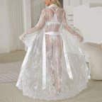 Dramatic Floor-Length Sheer Floral Lace Robe with Long Sleeves and Satin-Style Belt