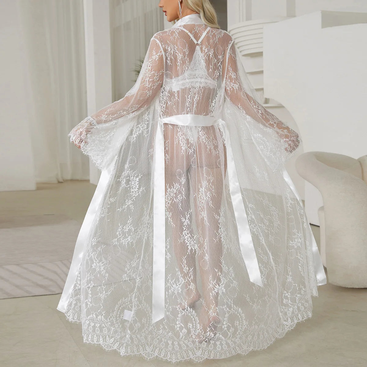 Dramatic Floor-Length Sheer Floral Lace Robe with Long Sleeves and Satin-Style Belt
