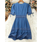 Flowing Blue V-Neck Mini Dress with Tiered Ruffles and Delicate Embroidery Details