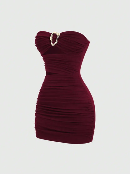 Strapless Ruched Bodycon Mini Dress with Metallic Accent Contemporary Silhouette