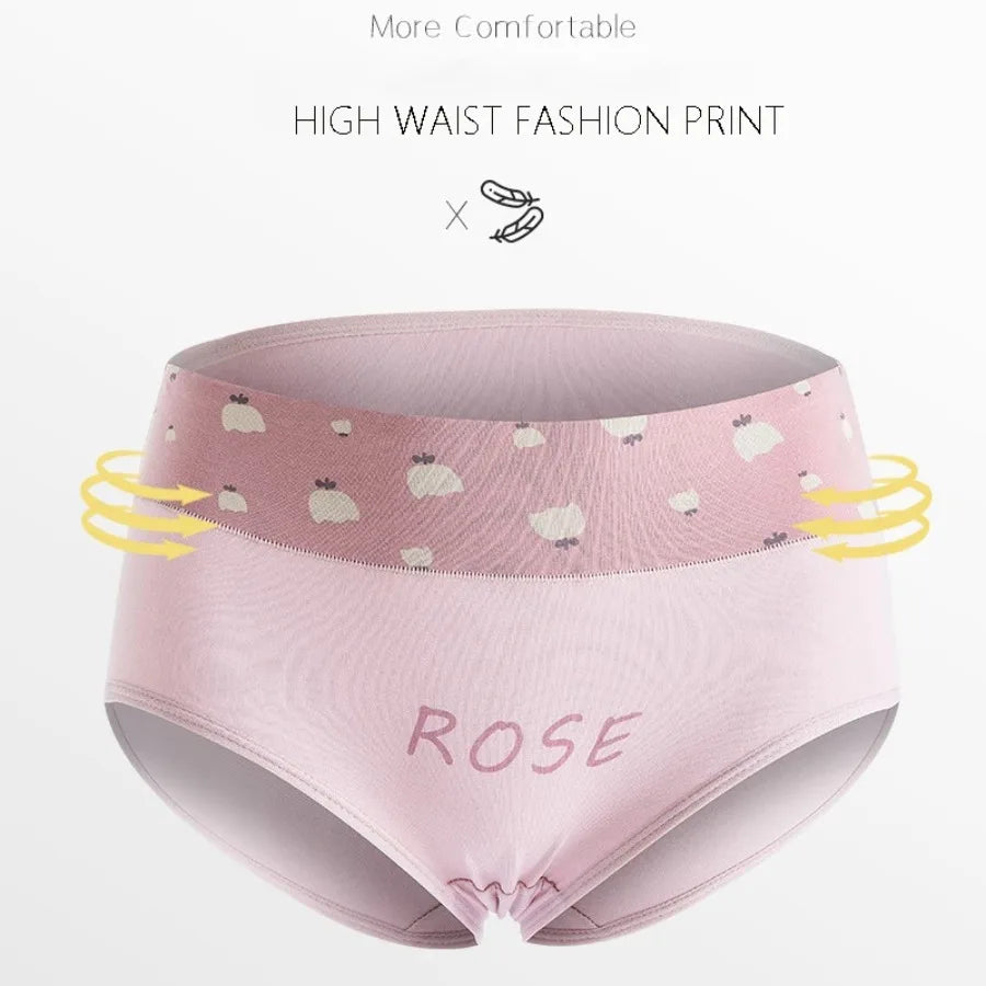 4-Piece Women’s Printed High-Rise Briefs Set with Playful Heart and Floral Motifs, Soft Pink Tones and Feminine Styling