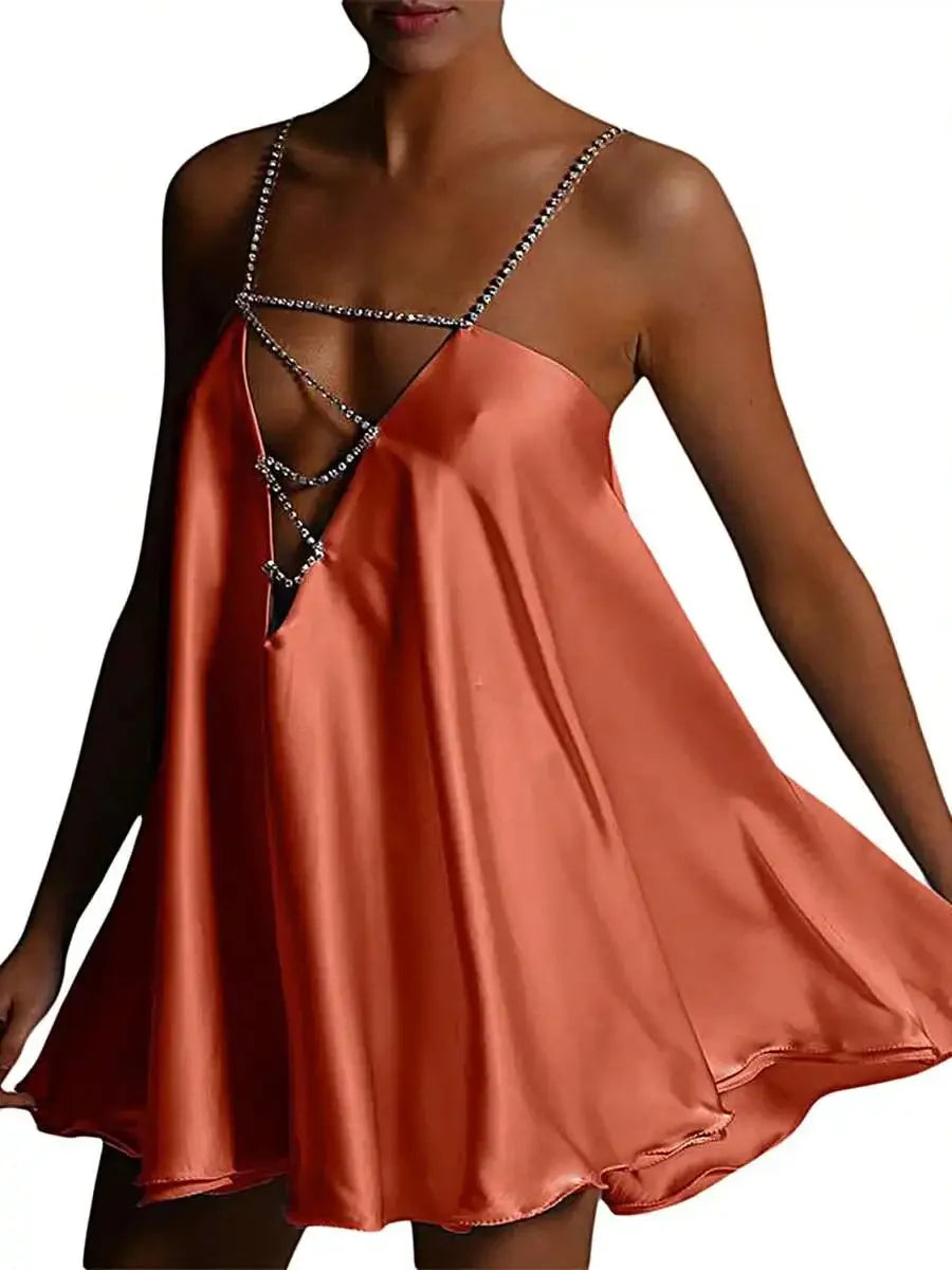 Chain Strap Satin Mini Dress with Draped A-Line Streetwear Silhouette