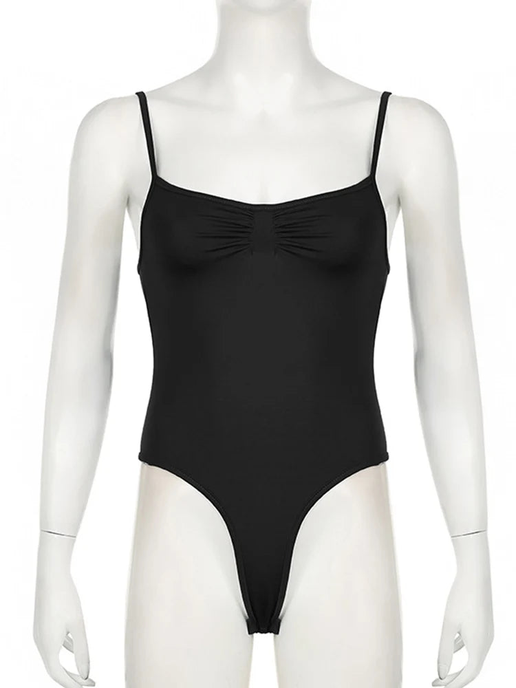 Ruched Spaghetti Strap Bodycon Bodysuit for Dark Aesthetic Alternative Styling