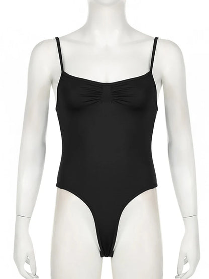 Ruched Spaghetti Strap Bodycon Bodysuit for Dark Aesthetic Alternative Styling
