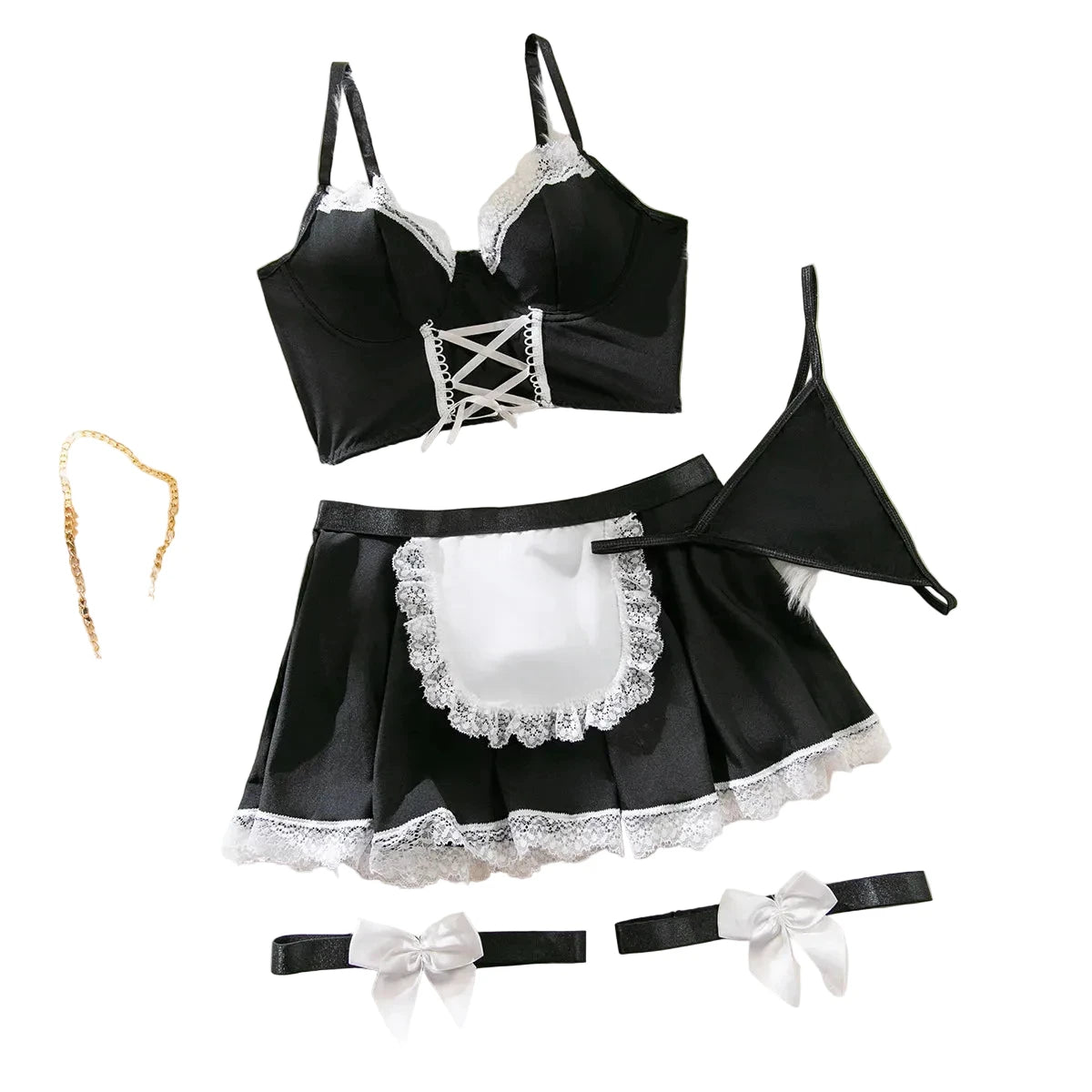 Playful Ruffled Satin-Finish Bralette and Skirt Set with Apron Detailing