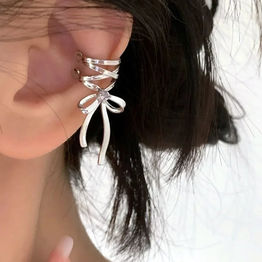 Dark Feminine Ribbon Bow Ear Cuff for Gothic and Coquette Styling