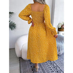 Square Neck Polka Dot Maxi Dress with Long Sleeves and Flowy Silhouette