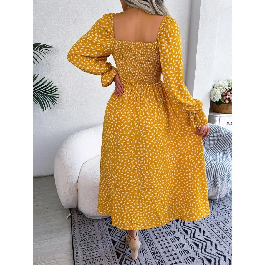 Square Neck Polka Dot Maxi Dress with Long Sleeves and Flowy Silhouette