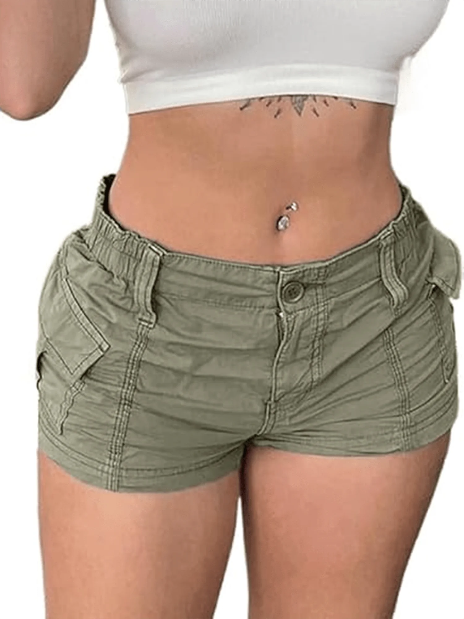 Women's Low Rise Cargo Shorts with Elastic Waist Utility Pockets and Relaxed Casual Fit