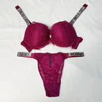 Vibrant Crimson Contour Bra and Thong Set with Crystal-Embellished Straps
