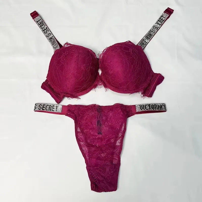 Vibrant Crimson Contour Bra and Thong Set with Crystal-Embellished Straps