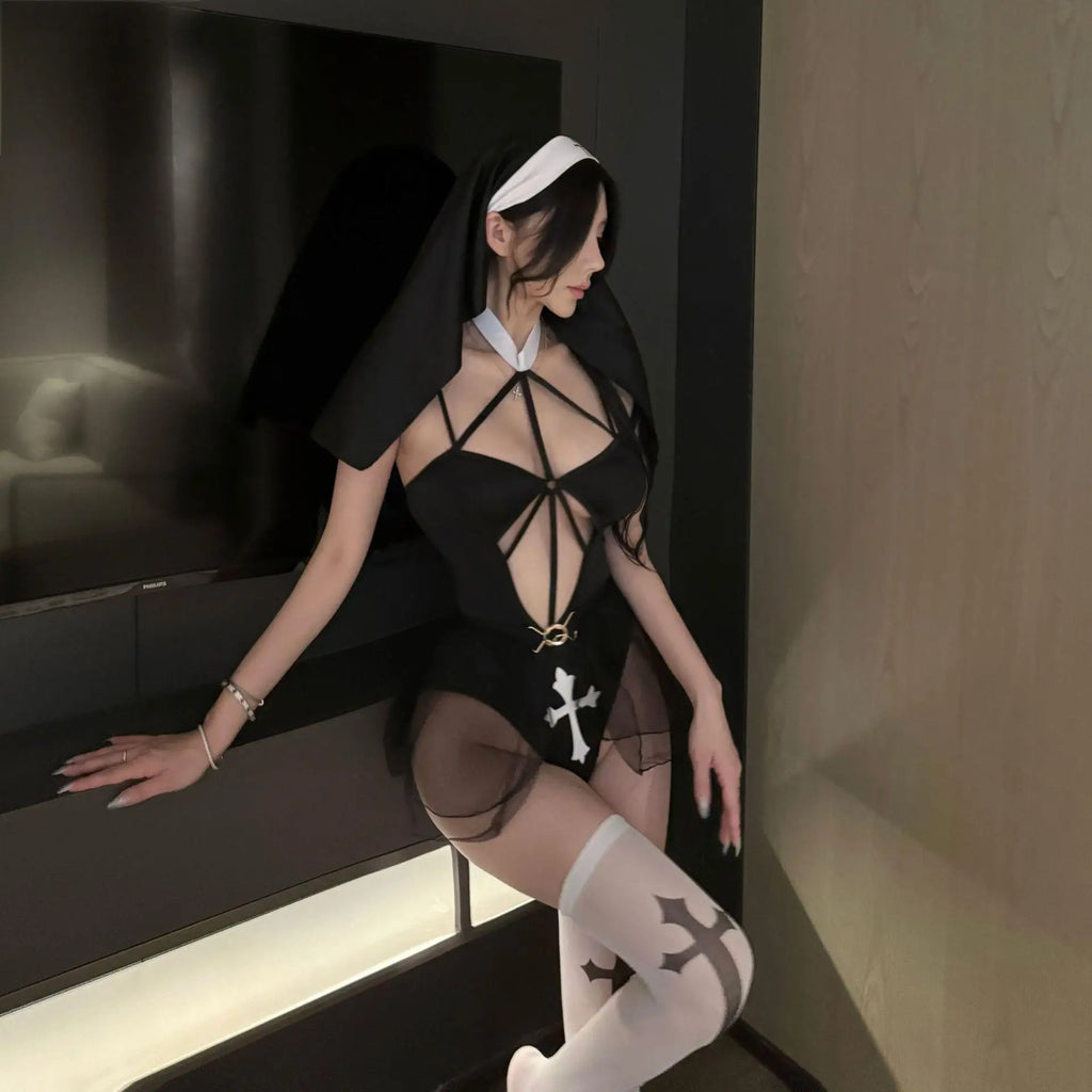 Bold Cutout Nun-Inspired Bodysuit with Sheer Skirt and Coordinated Headpiece