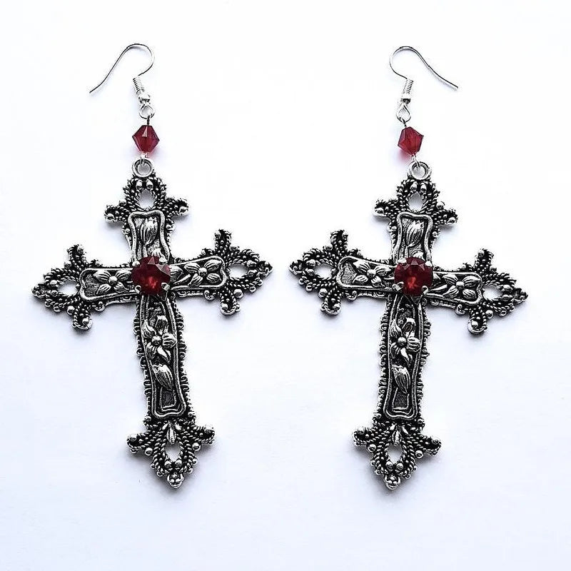 Ornate Cross Drop Earrings for Gothic Punk and Dark Romantic Styling