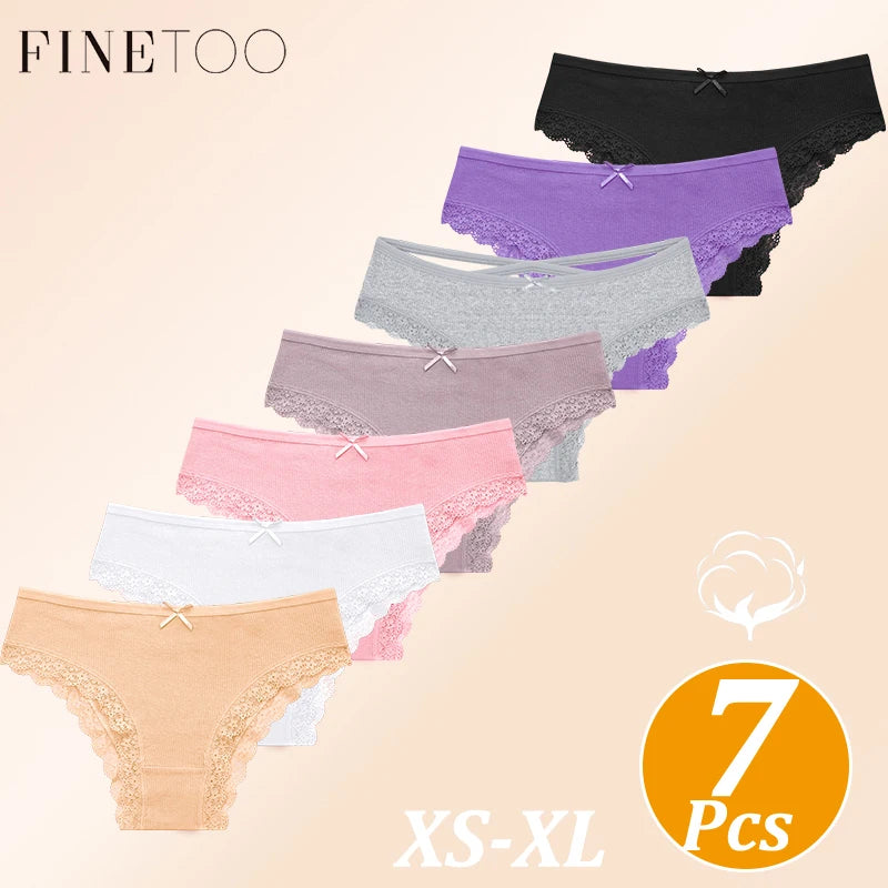 7-Piece Women’s Cotton Mid-Rise Briefs Set with Delicate Lace Edging, Cross-Back Detail and Assorted Feminine Colors