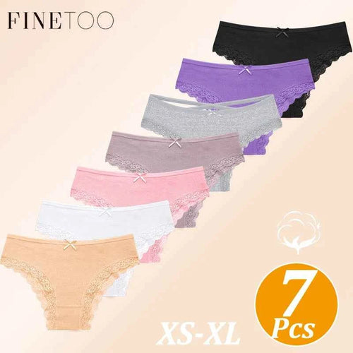 7-Piece Women’s Cotton Mid-Rise Briefs Set with Delicate Lace Edging, Cross-Back Detail and Assorted Feminine Colors