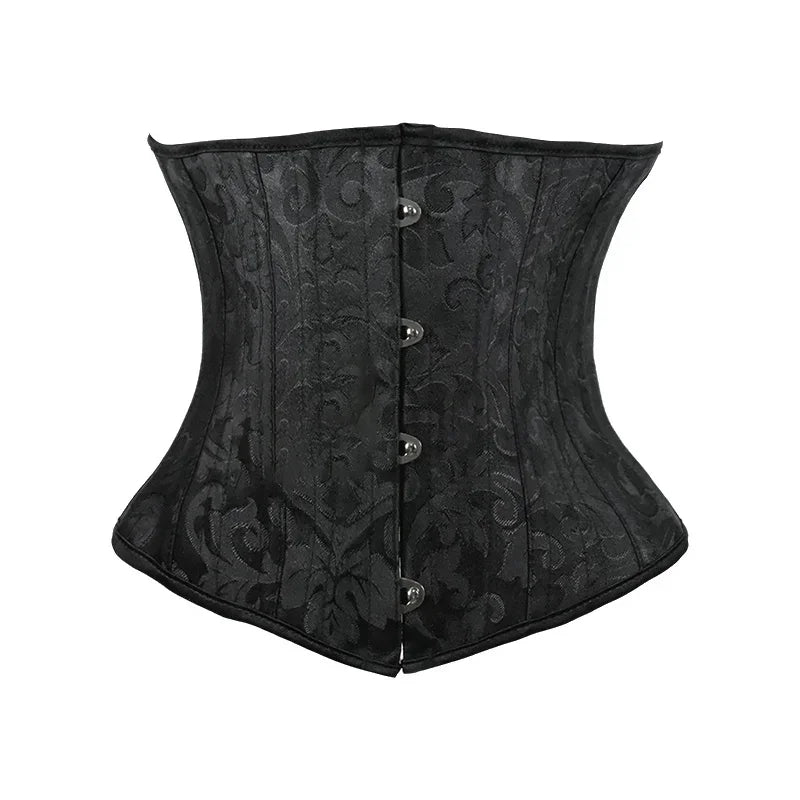 Elegant Black Floral Damask Underbust Waist Cincher with Front Metal Busk