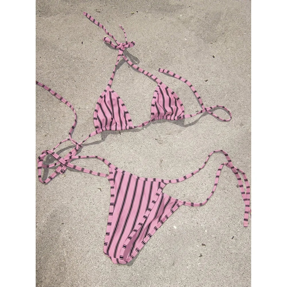 Crimson and Gold Vertical Striped Triangle String Bikini