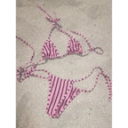 Crimson and Gold Vertical Striped Triangle String Bikini