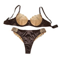 Lustrous Satin Underwire Demi Bra and Scalloped Contrast Lace V-String Thong Set