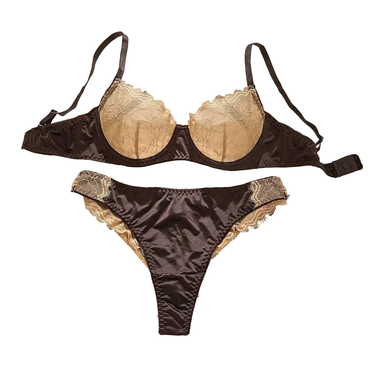 Lustrous Satin Underwire Demi Bra and Scalloped Contrast Lace V-String Thong Set