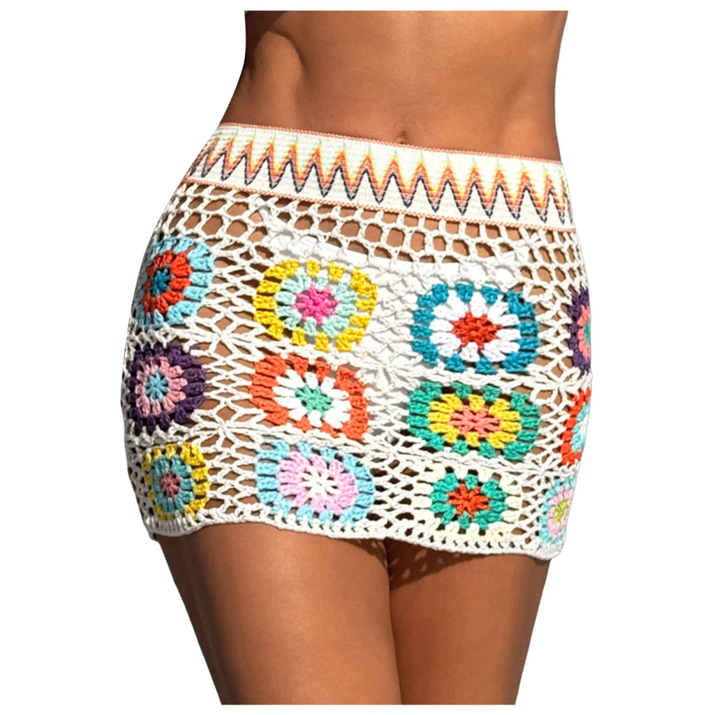 Colorful Crochet Floral Beach Cover-Up Skirt with Vintage Patchwork Design for Bikini and Swimwear Styling