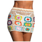 Colorful Crochet Floral Beach Cover-Up Skirt with Vintage Patchwork Design for Bikini and Swimwear Styling