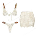 White Crochet-Detail Three-Piece Bikini Set with Adjustable Triangle Top, Knotted Bottom and Matching Beach Skirt